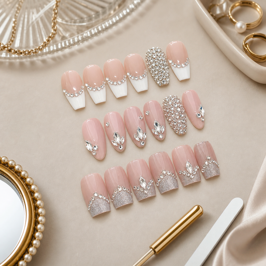 Rhinestone press-on nails with nude French crystal accent and silver sparkle styles