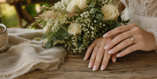 Soft French press-on nails with wildflowers at a rustic wedding