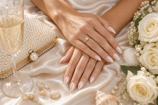 Pearl-glazed almond press-on nails styled with a shell wedding guest dress