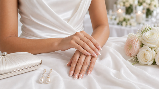 Warm nude French almond press-on nails styled with a soft white wedding guest dress