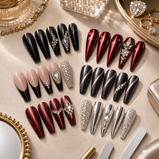 Statement press-on nails with black red chrome rhinestone cat-eye and coffin styles