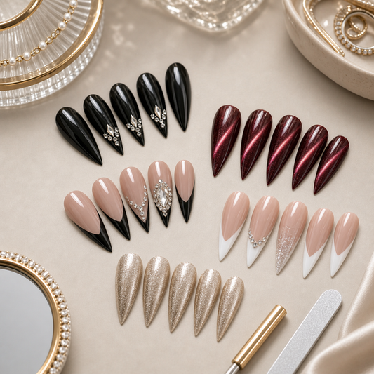 Stiletto press-on nails with black red French rhinestone and shimmer pointed styles