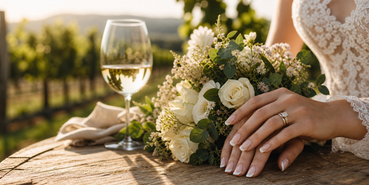 Soft French press-on nails with bouquet and wine glass at a vineyard wedding
