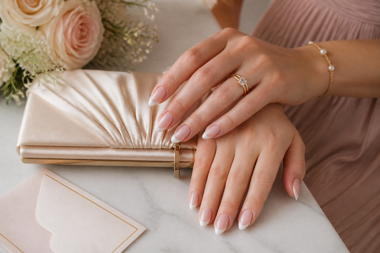 Wedding guest wearing soft French almond press-on nails with champagne clutch and blush dress details