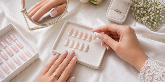 Wedding nail trial with French press-on nails and bridal style options