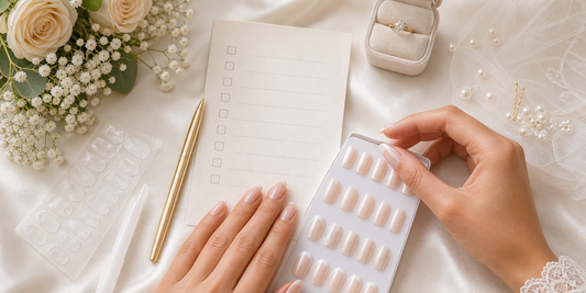 Wedding press-on nails checklist with bridal nail sets and application tools