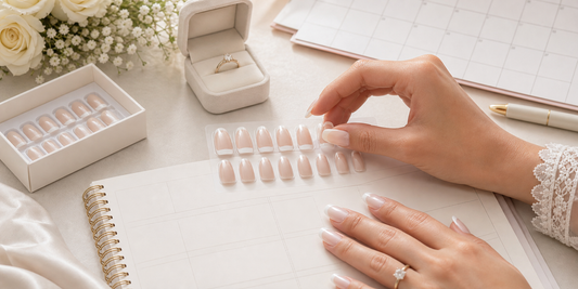 Wedding press-on nails timeline with French nails and bridal planning calendar