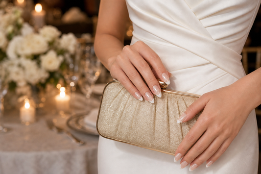 Nude French almond press-on nails styled with an ivory wedding guest dress