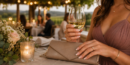 French press-on nails holding a clutch and wine glass as a winery wedding guest