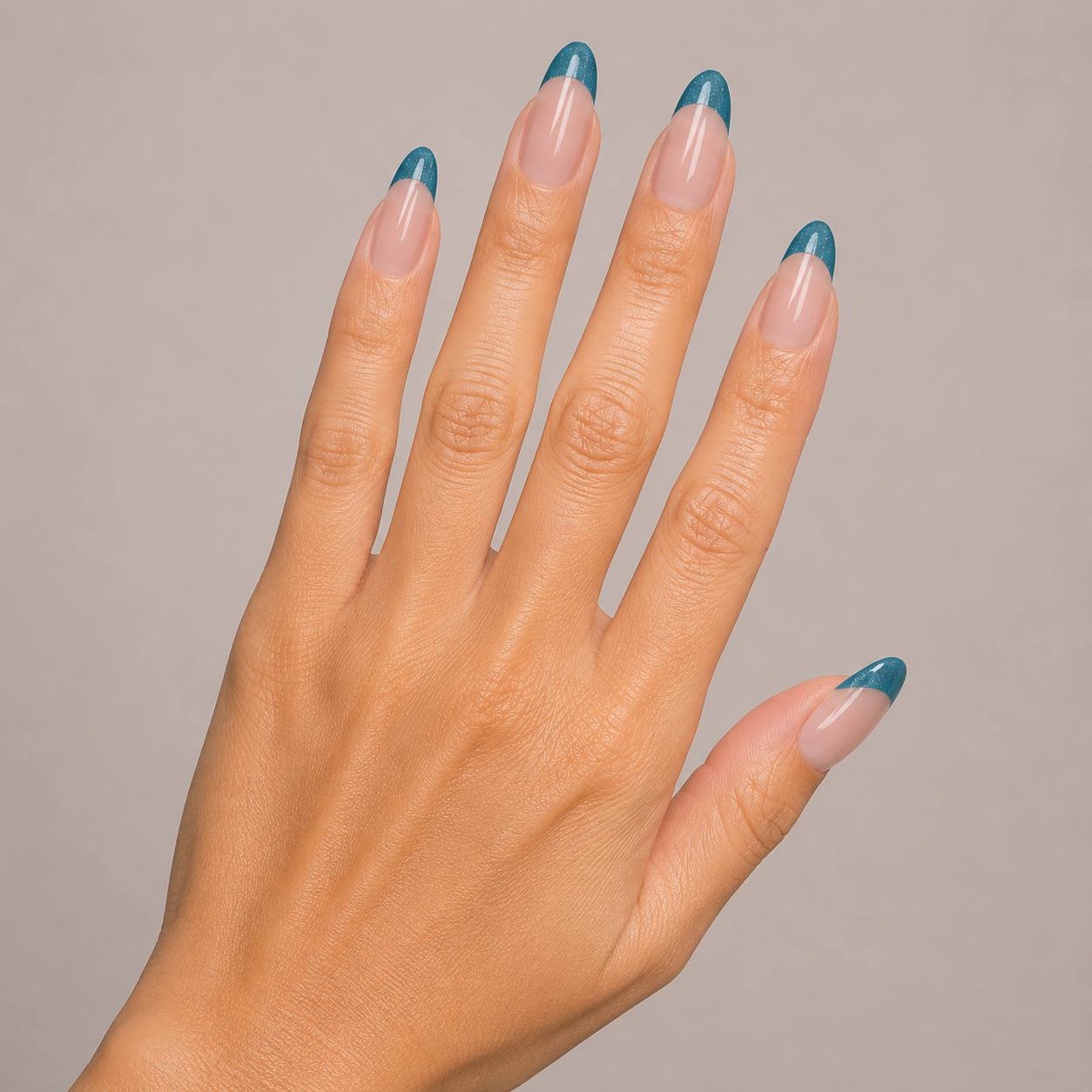 Halo Veil blue-gray cat-eye French almond press-on nails styled for everyday elegance