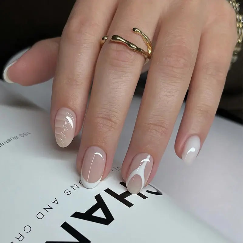 Nude Sketch Abstract French Almond Press-On Nails applied lifestyle view