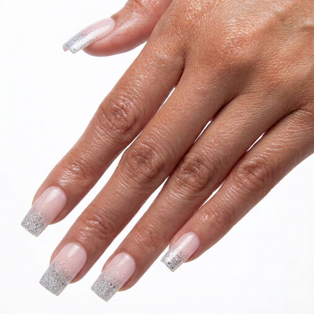 Champagne Glow short square French ombre press-on nails with champagne glitter tips on hand