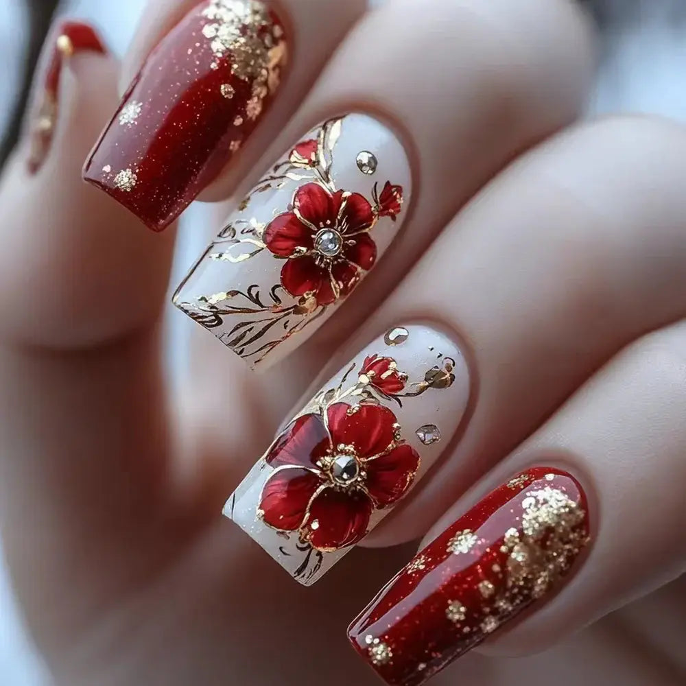 Crimson Queen red floral square press-on nails with bold party nail art