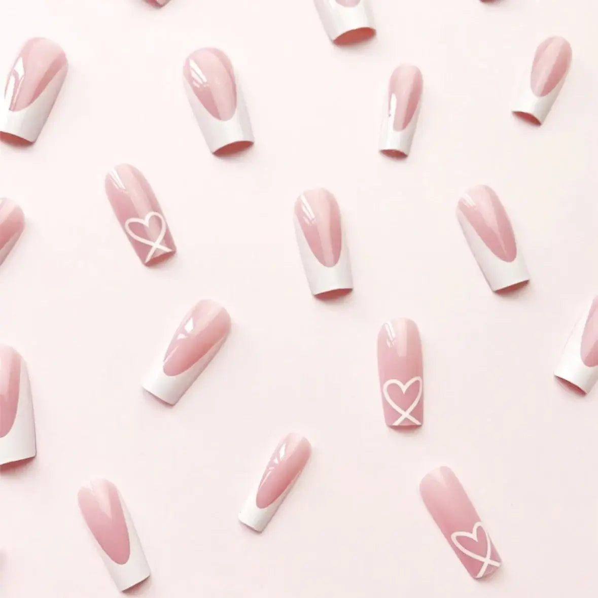 Ivory Crush Nude White Heart French Square Press-On Nails close-up