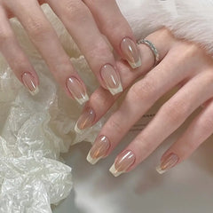 Mirror Veil nude square press-on nails with reflective chrome French tips