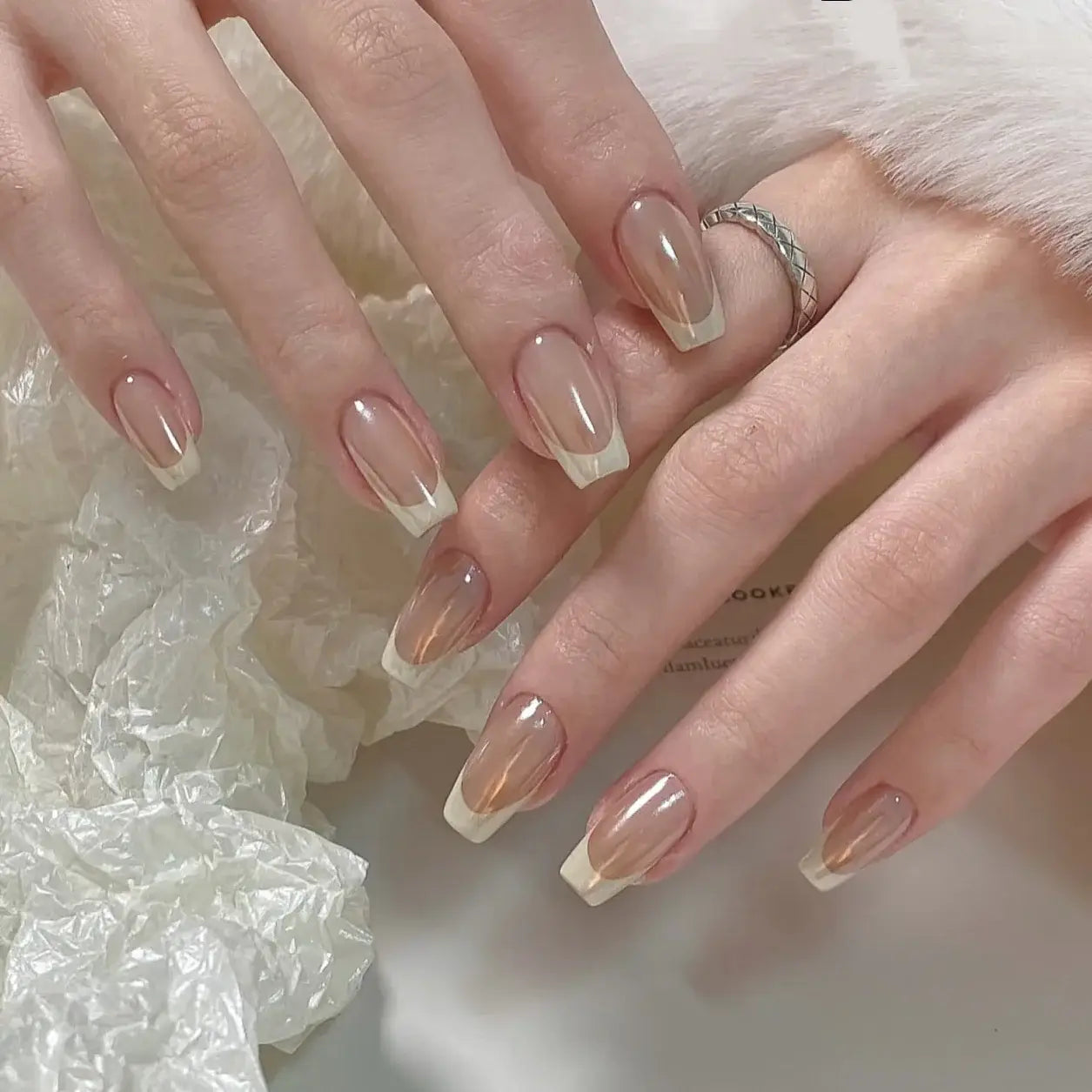 Mirror Veil Nude Chrome French Square Press-On Nails on hand lifestyle view