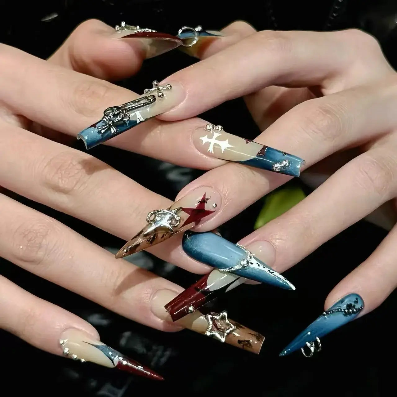 Midnight Saint gothic coffin and stiletto press-on nails with star and cross details
