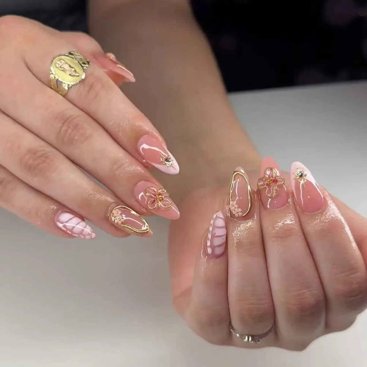 Golden Blush almond press-on nails