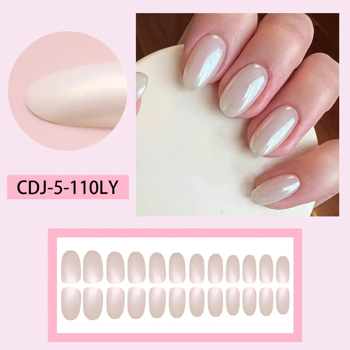 Glazed Pearl press-on nails on hand