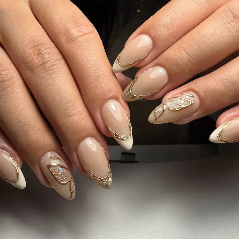 Golden Flutter almond press-on nails