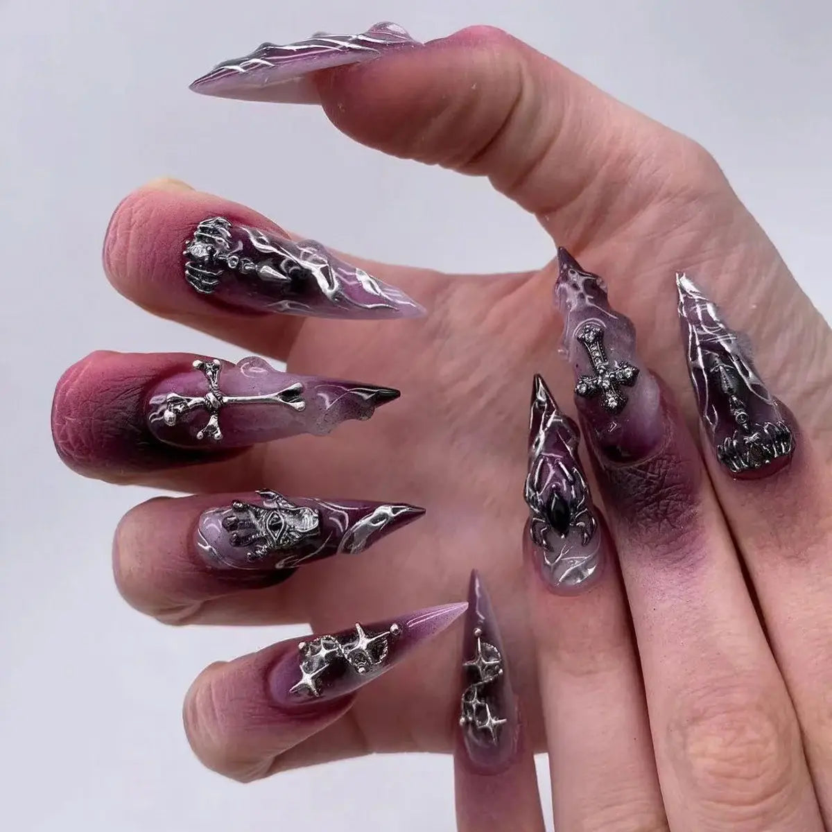 Velvet Inferno gothic flame purple stiletto press-on nails with cross accents