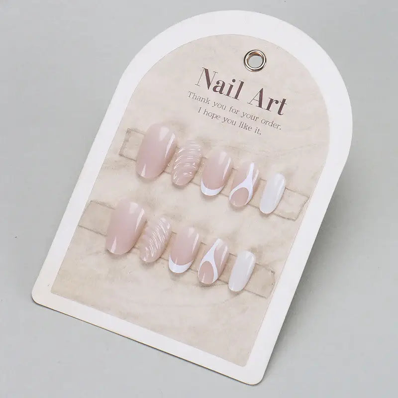 Nude Sketch Abstract French Almond Press-On Nails on hand