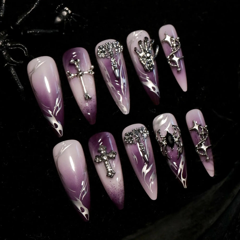 Velvet Inferno Purple Gothic Flame Stiletto Press-On Nails close-up