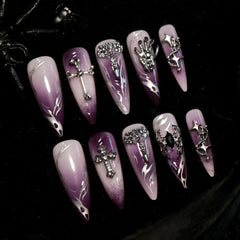 Velvet Inferno Purple Gothic Flame Stiletto Press-On Nails close-up