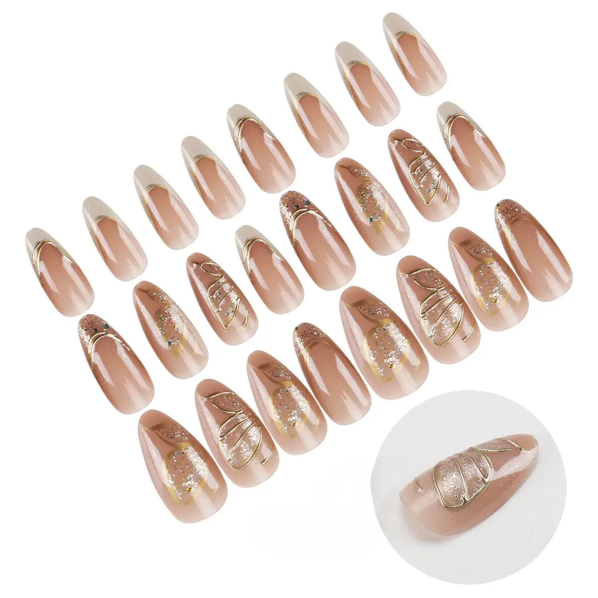 Golden Flutter press-on nails close-up