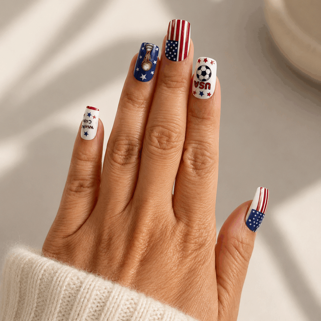 Victory Spark Red White Blue Patriotic American Flag Soccer Game Day Square Press-On Nails on hand
