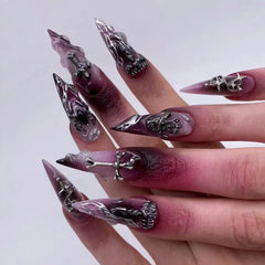 Velvet Inferno Purple Gothic Flame Stiletto Press-On Nails on hand