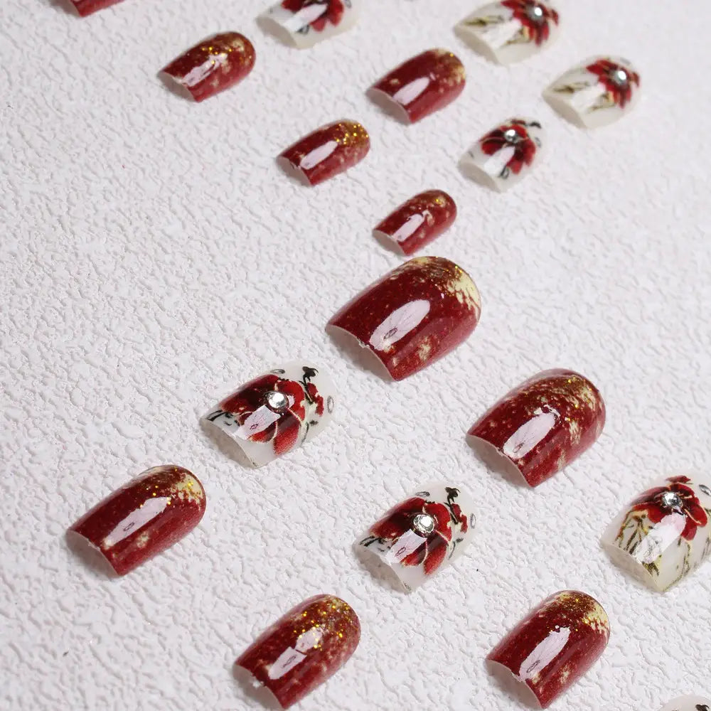 Crimson Queen Red Floral Square Press-On Nails close-up