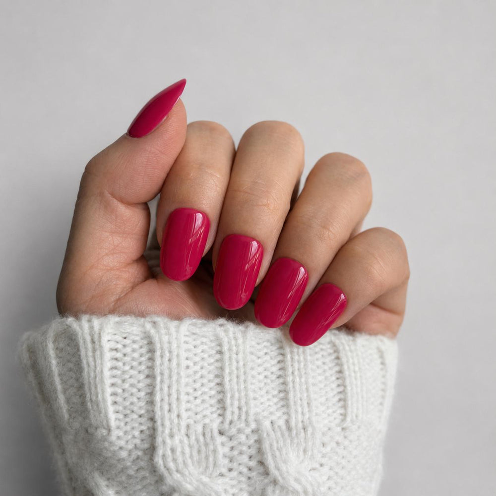 Nailora Dragon Fruit Pink Glossy Short Oval Press-On Nails featuring a vibrant dragon fruit pink shade with a reusable salon-quality finish for summer styling, vacations, and everyday fashion.