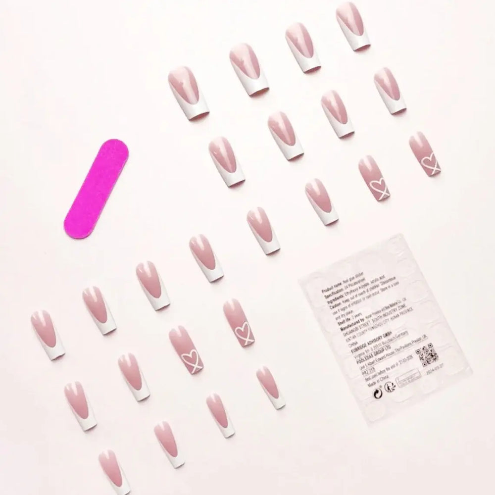 Ivory Crush Nude White Heart French Square Press-On Nails on hand
