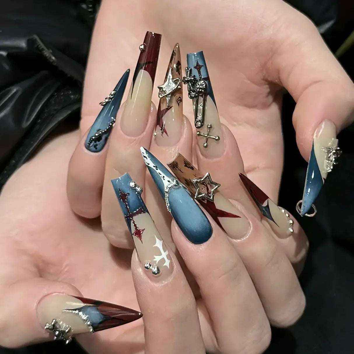 Midnight Saint Black Gothic Star Cross Coffin Stiletto Press-On Nails close-up