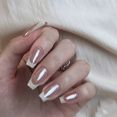 Mirror Veil Nude Chrome French Square Press-On Nails on hand