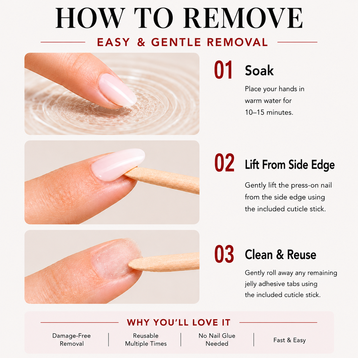 Nailora reusable press-on nail care instructions for easy application and removal