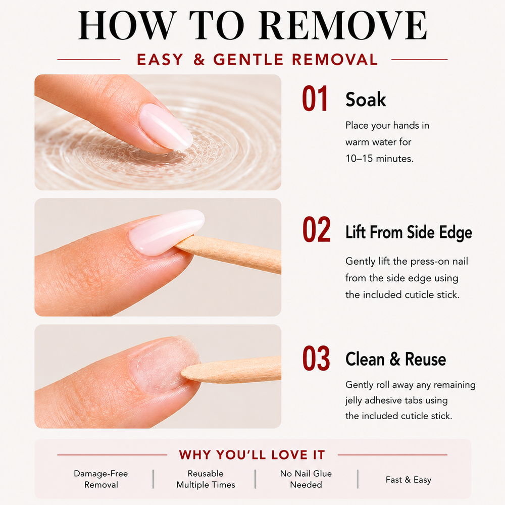 Nailora reusable press-on nail care instructions for easy application and removal