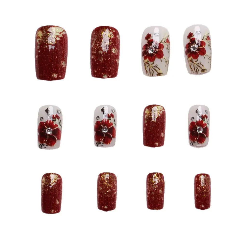 Crimson Queen Red Floral Square Press-On Nails full set