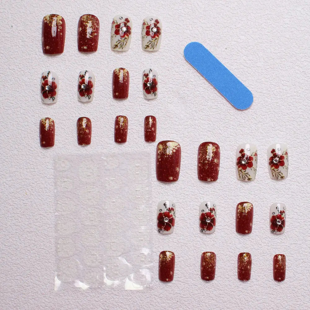 Crimson Queen Red Floral Square Press-On Nails applied