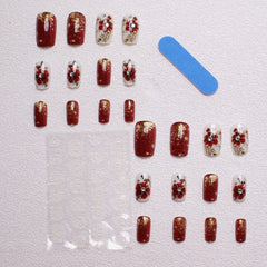 Crimson Queen Red Floral Square Press-On Nails applied
