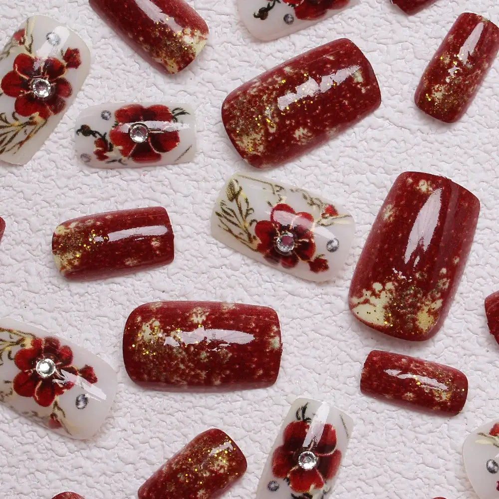 Crimson Queen Red Floral Square Press-On Nails on hand