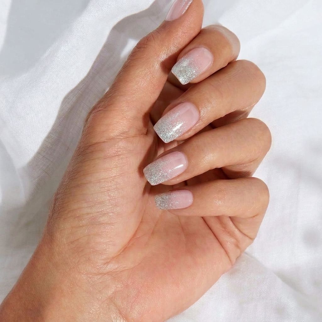 Close-up of Champagne Glow glitter French ombre press-on nails with nude and milky white gradient