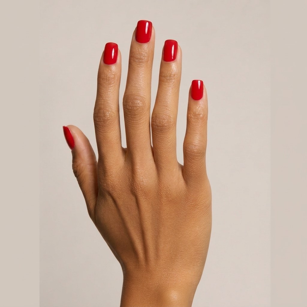 Cherry Muse glossy cherry red short square press-on nails on hand with bold solid color finish