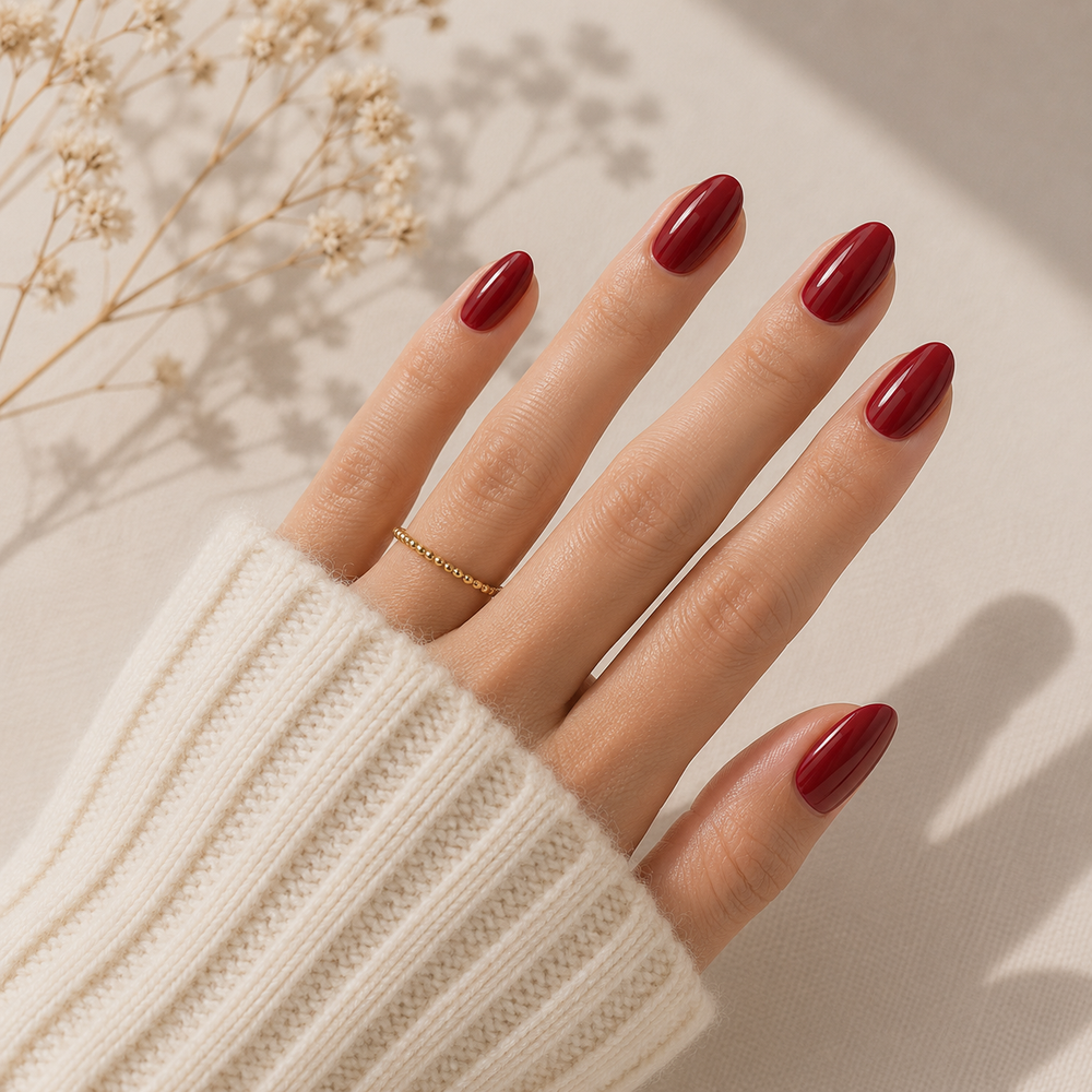 Cherry Noir Glossy Wine Red Almond Press-On Nails close-up