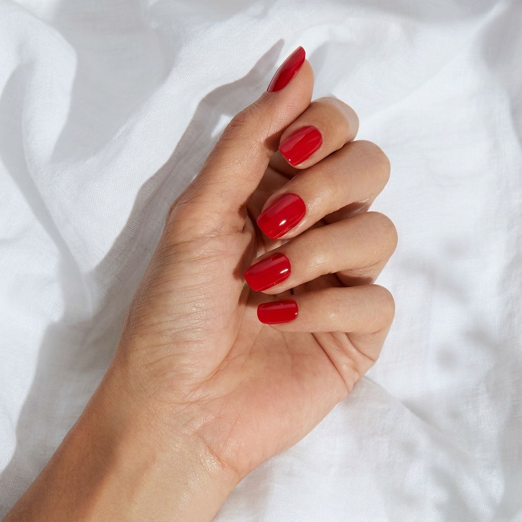 Cherry Muse short square red press-on nails styled on white fabric with glossy cherry finish