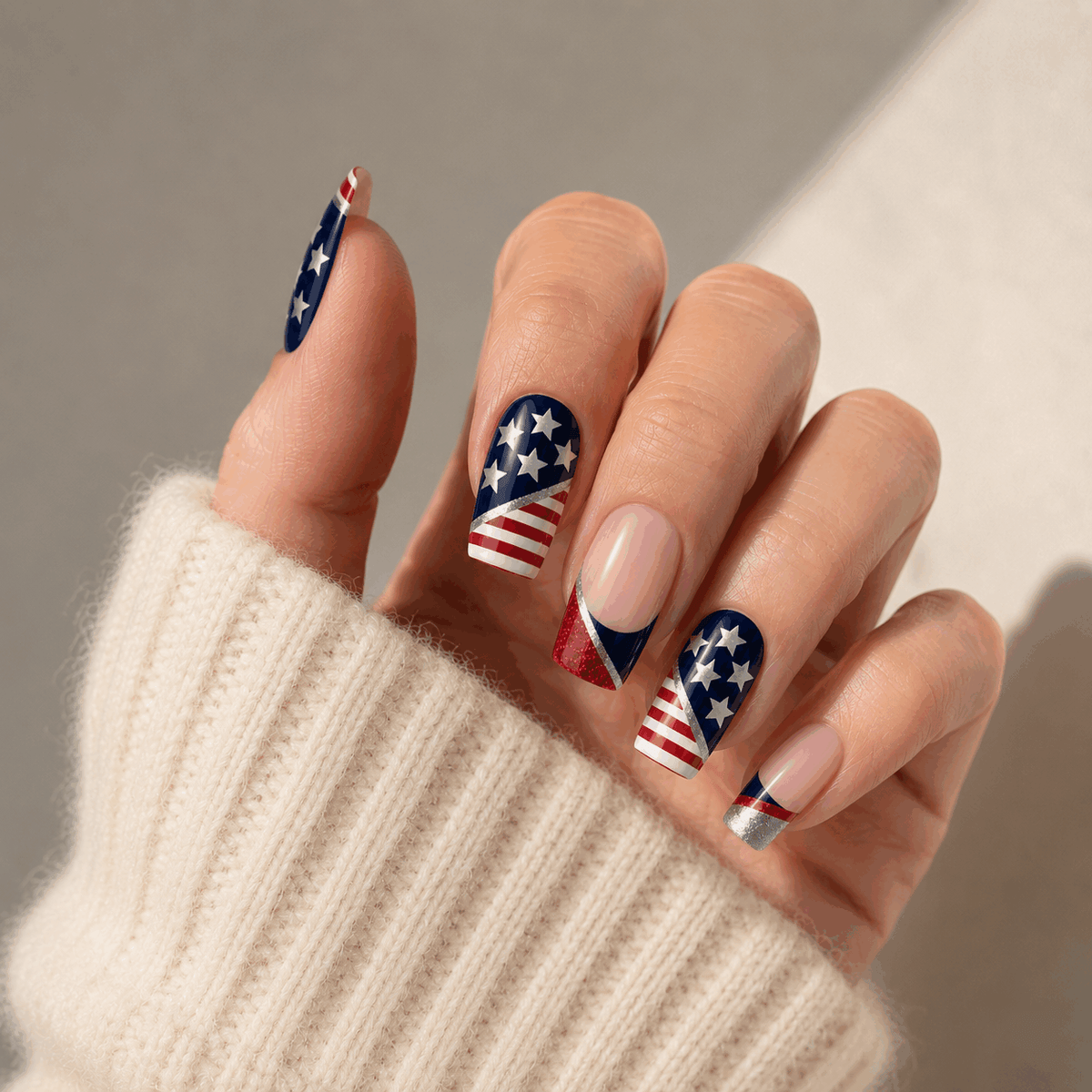 Star & Spark square press-on nails with American flag glitter French tips and patriotic star accents