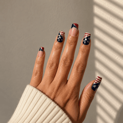 Star & Spark patriotic USA square press-on nails with red white blue French tips and glitter details