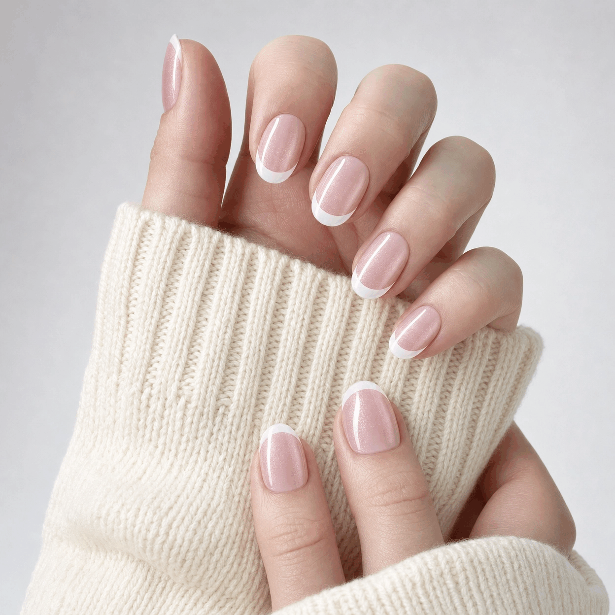 Blush Veil short square press-on nails with blush pearl French tips styled with a beige sweater