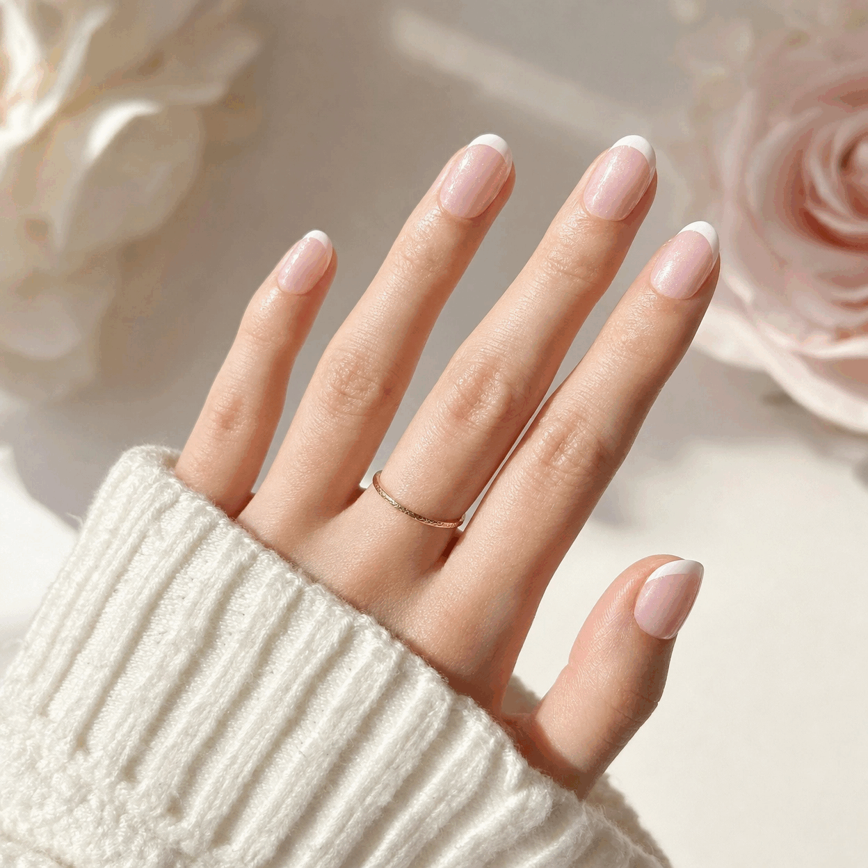 Blush Veil short square blush pearl French press-on nails on hand with soft glossy pink finish